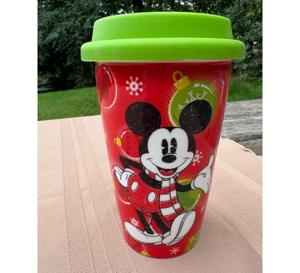Disney Mickey Mouse Christmas Holiday Ceramic Travel Mug Green Lid 5.5”